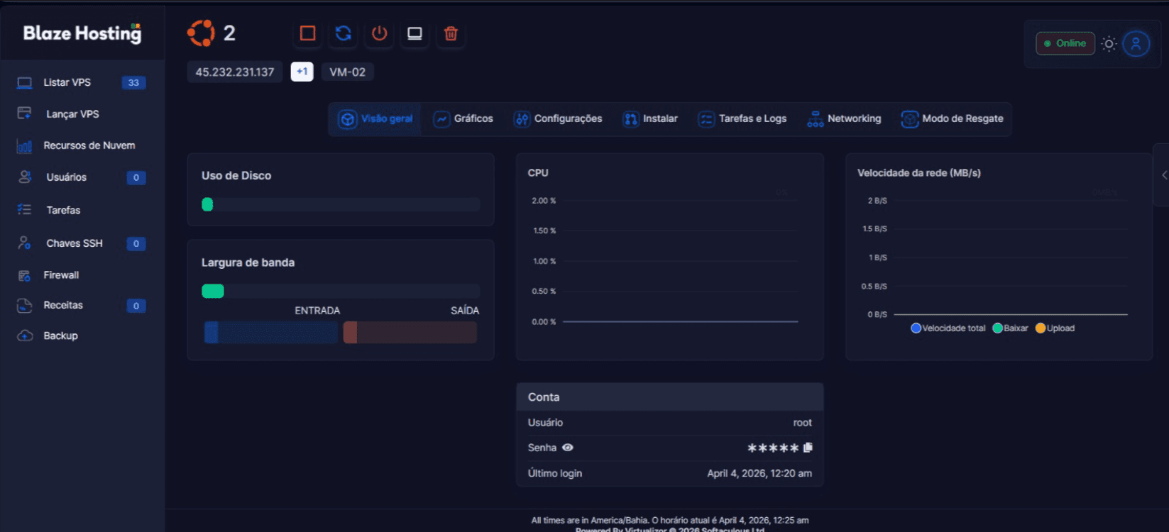 Painel VPS — visão geral em tema escuro