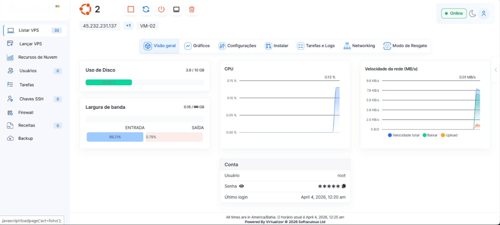Painel VPS — visão geral em tema claro