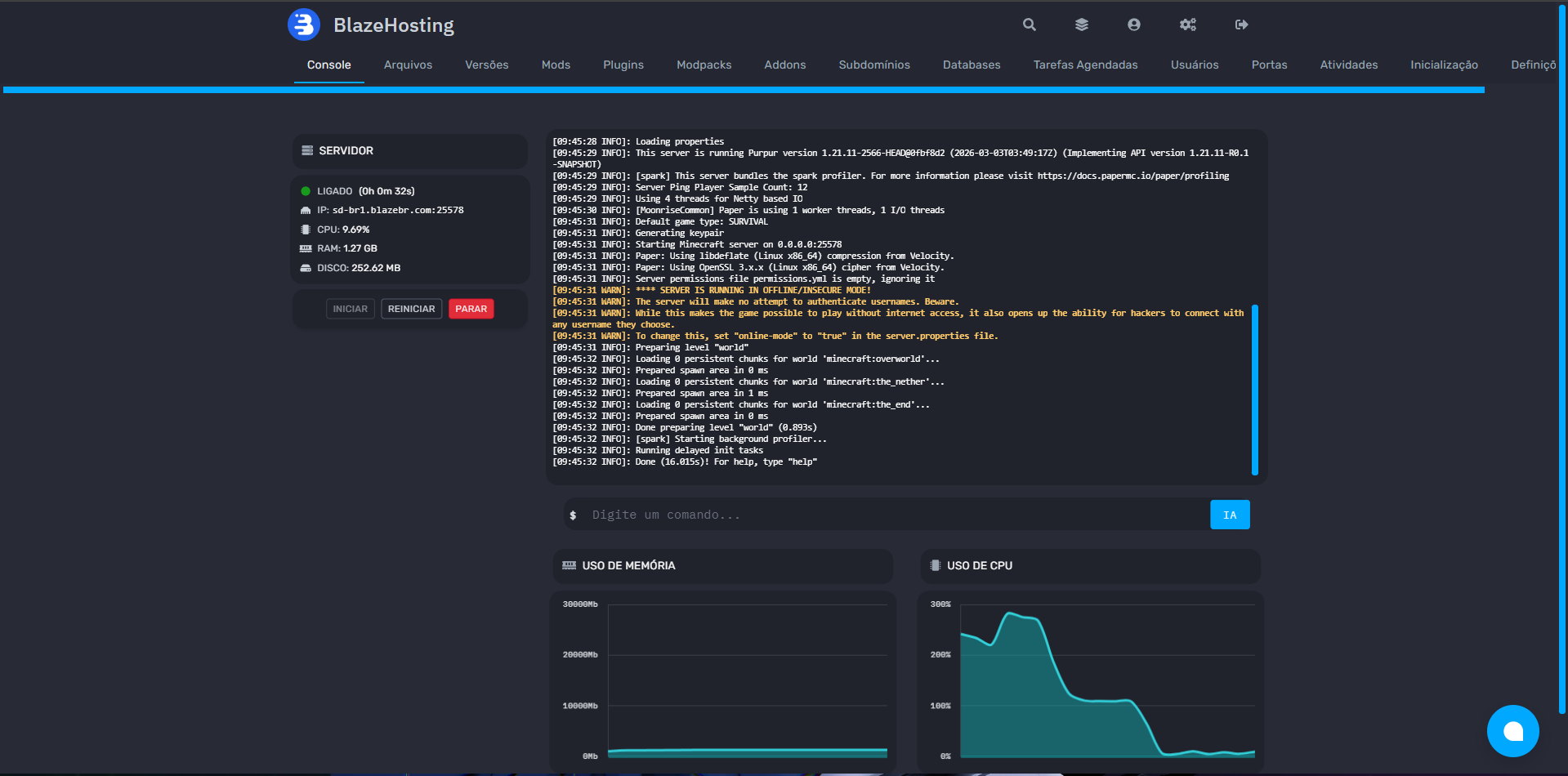 Painel Minecraft Blaze com console, status do servidor e gráficos de uso
