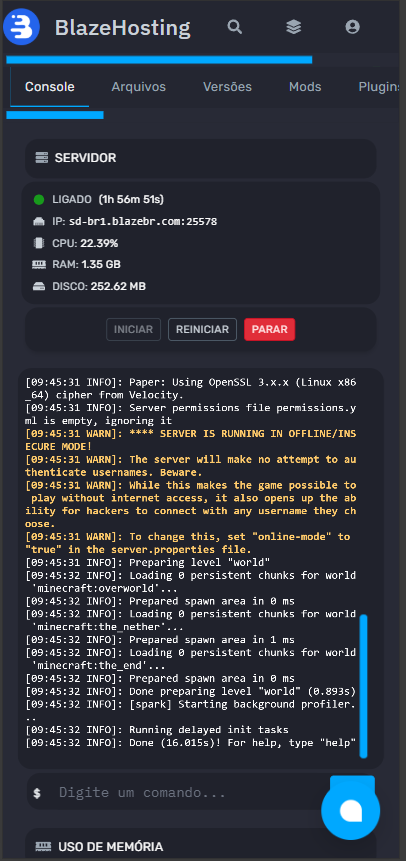 Painel Minecraft Blaze no celular com console, status do servidor e ações rápidas